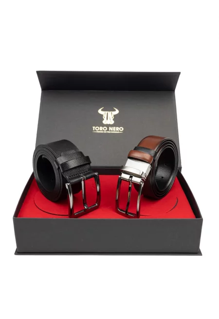 Мъжки комплект естествена кожа ежедневен+елегантен черно-кафяв колан Verso-Modern Night