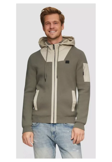 Мъжки памучен кардиган  с качулка и наклонени джобове - Маслинено зелено