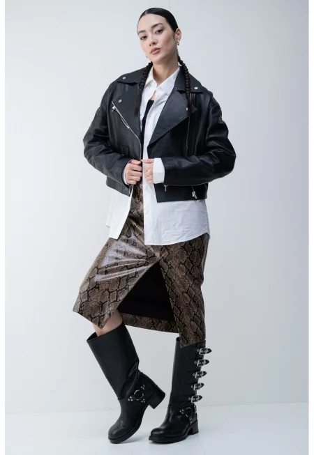 Миди пола с принт - Черен/Светлокафяв