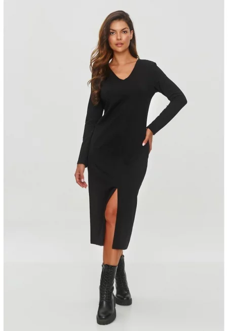 Миди рокля с V-образно деколте и предна цепка