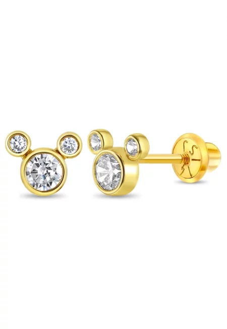 Мики Маус и кубичен цирконий 14K златни обеци - за деца - момичета - здраво затваряне на винт