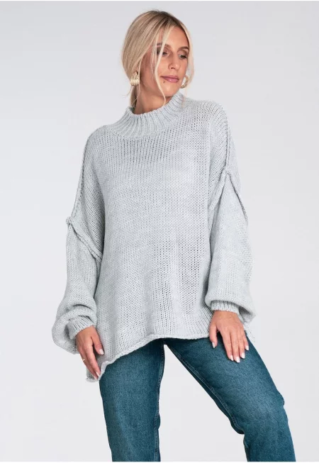 Оувърсайз пуловер  сив - с буфан ръкави - акрилна плетка - за жени