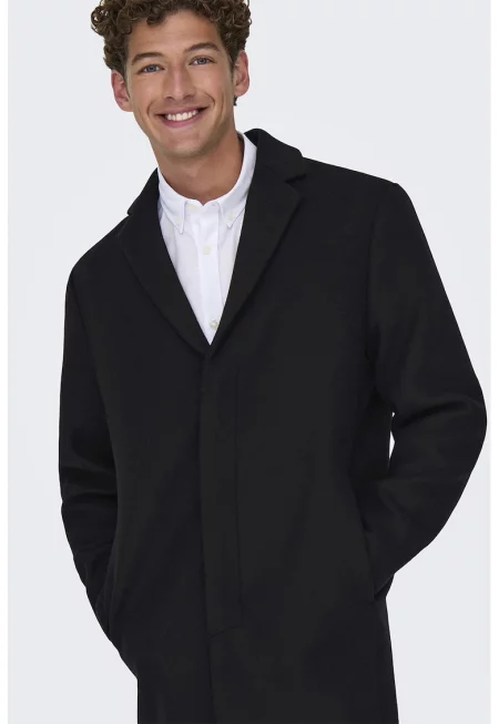 Палто с вълна с раздвое ревер - Черен