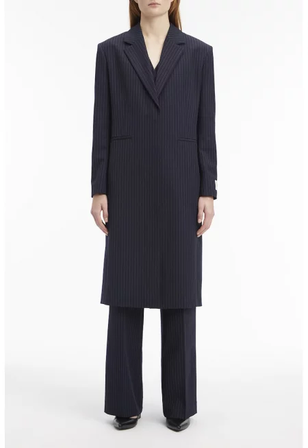 Палто със ситно райе и обшити джобове - Тъмносин