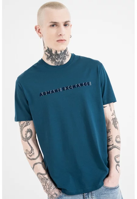 Памучна тениска с надписи - Бял/Петролно синьо/Тъмносин