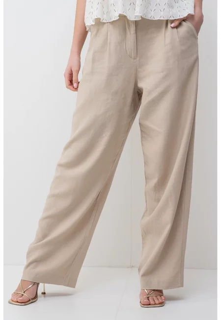 Панталон с широк крачол с лен - Бежов
