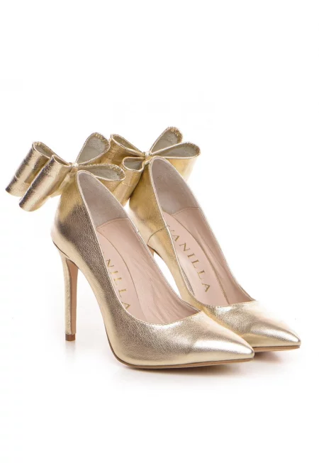 Pantofi Stiletto cu toc subtire - piele naturala - aurii - Златист