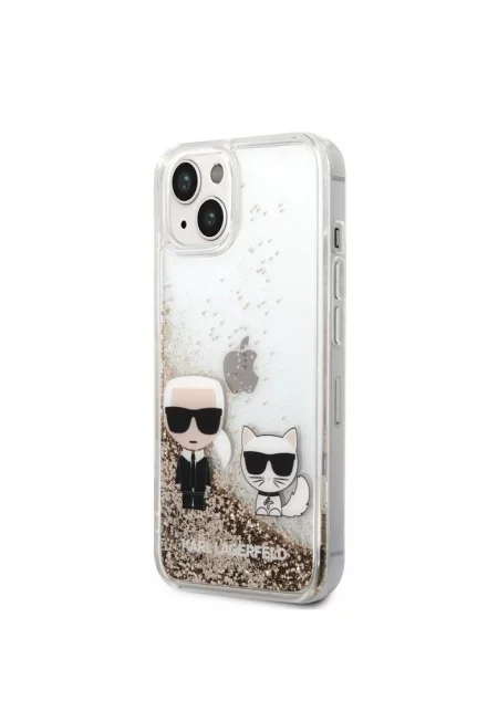 Предпазен калъф  с течен блясък Karl and Choupette за iPhone 14 Plus - Златист