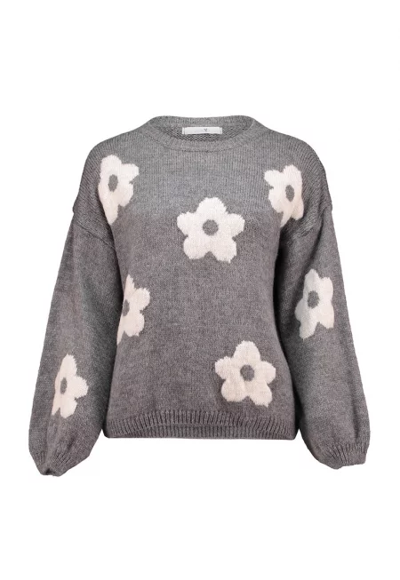 Пуловер с флорален принт - Слонова кост/Сив меланж