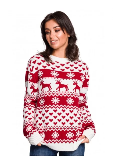 Пуловер с коледна шарка - акрил - червено/бяло