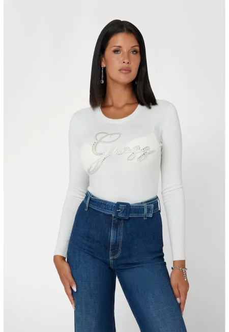 Пуловер с лого - Бял