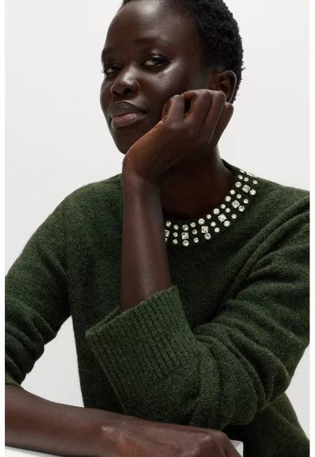 Пуловер с вълна с декоративни камъни - Бледо каки