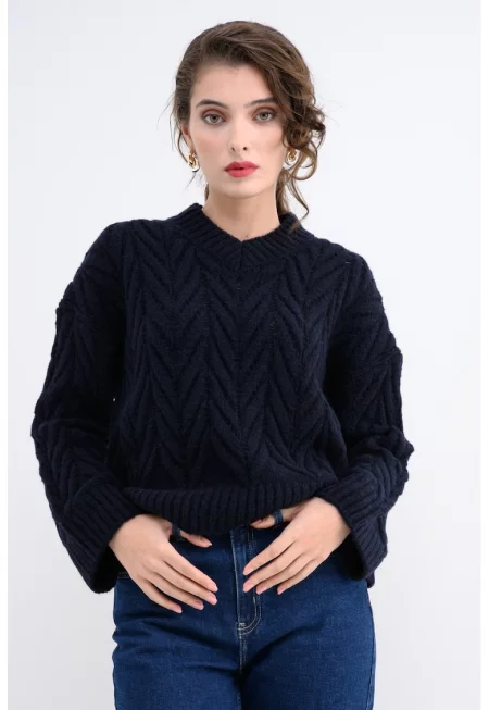 Пуловер с вълна с шпиц - Ултрамарин синьо