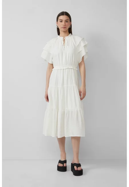 Разкроена миди рокля с набирания - Слонова кост