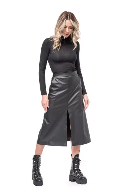 Разкроена пола Denia от еко кожа - Черен