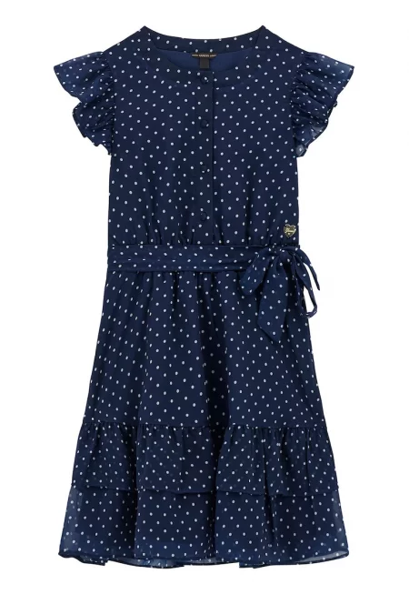 Разкроена рокля на точки - Бял/Тъмносин