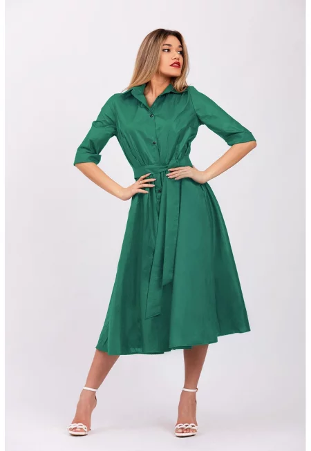 Разкроена рокля-риза с колан - Аква зелено