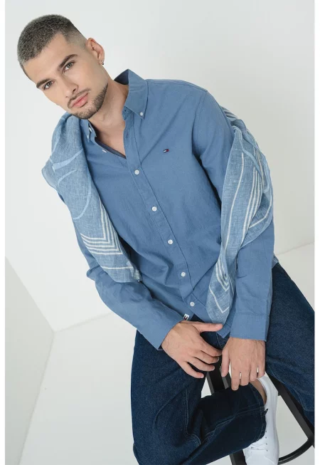 Риза с органичен памук и лен - Прашно синьо