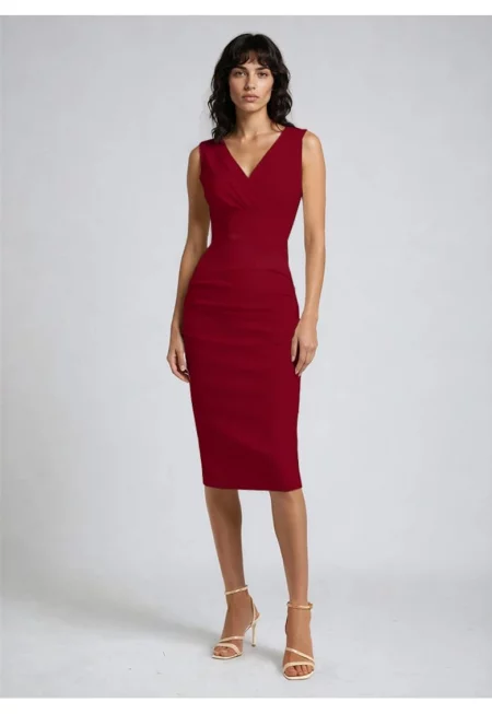 Rochie midi bodycon cu model drapat Anara - Червен