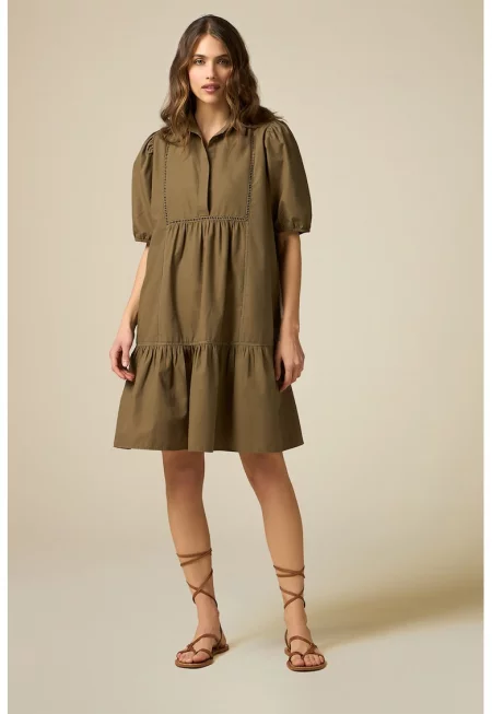 Рокля със свободен дизайн и бухнали ръкави - Маслинено зелено