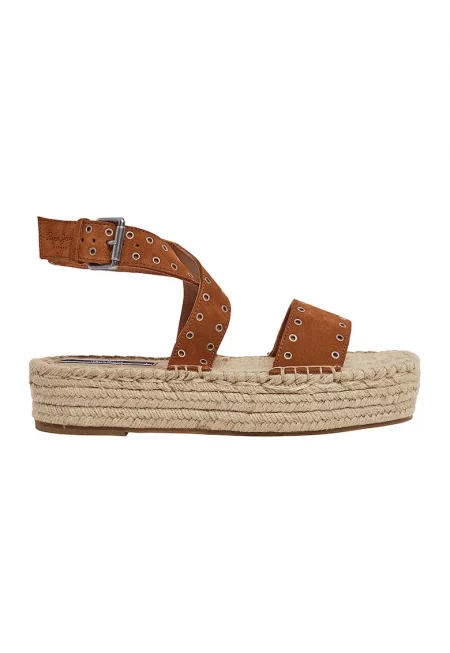 Сандали тип еспадрили от велур с равна платформа - Канелено кафяво