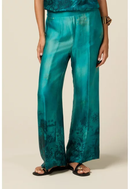 Сатиниран панталон с широк крачол - Аква зелено