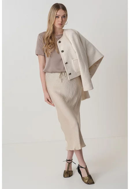 Сатинирана пола с висока талия - Светло бежово