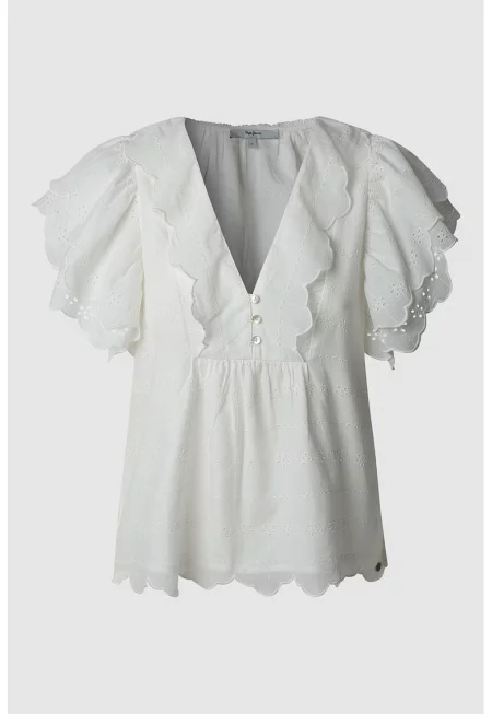 Шпиц блуза с вълнообразни краища - Бял