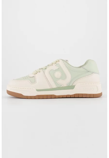 Спортни обувки от кожа и еко кожа с лого - Бежов/Бледозелен
