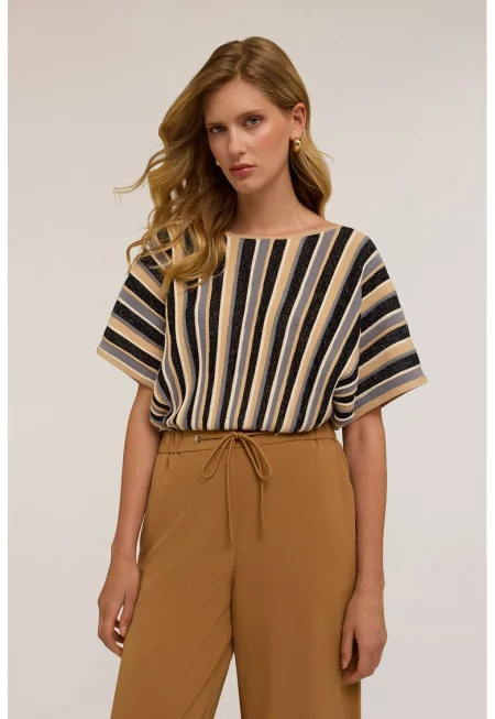 Свободен пуловер на райе - Черен/Бежов/Камел