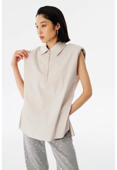 Свободна блуза с къс цип - Слонова кост