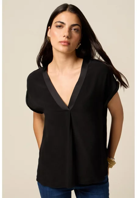 Свободна блуза с къси ръкави - Черен -