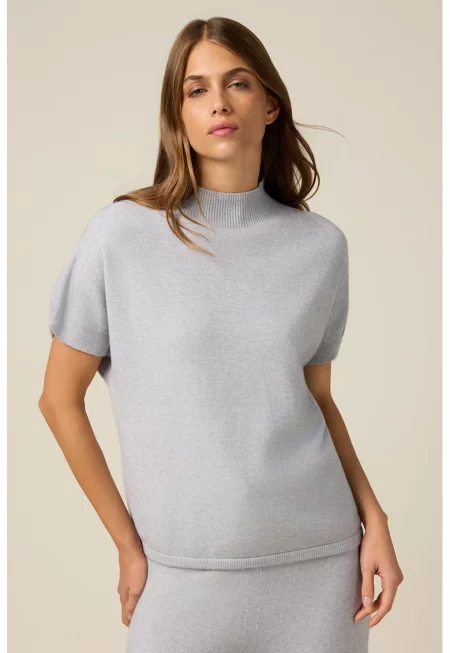 Свободна тениска с ниска рипсена яка - Бледо синьо