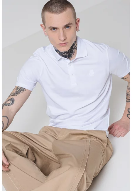 Тениска с памук с копчета - Бял