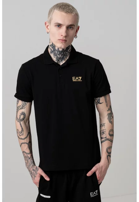 Тениска с яка и лого - Златист/Черен