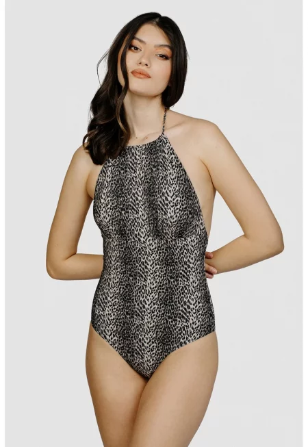 Цял бански с животинска шарка - Черен/Камел