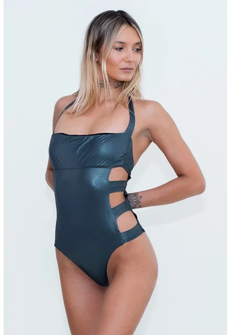 Цял бански със странични отвори - Петролно синьо