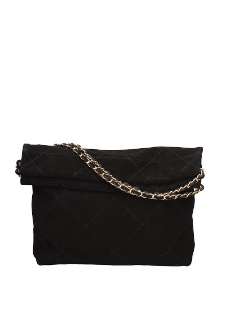 Велурена чанта за рамо с презрамка с верижка - Черен