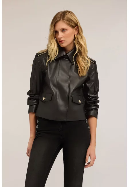 Яке от еко кожа с метални елементи на раменете - Черен