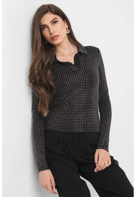 Блуза с модал с яка - Черен