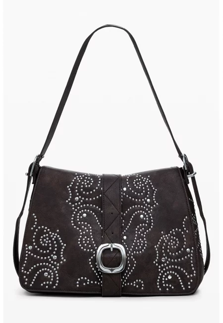 Чанта за рамо от еко кожа с нитове - Тъмнокафяв