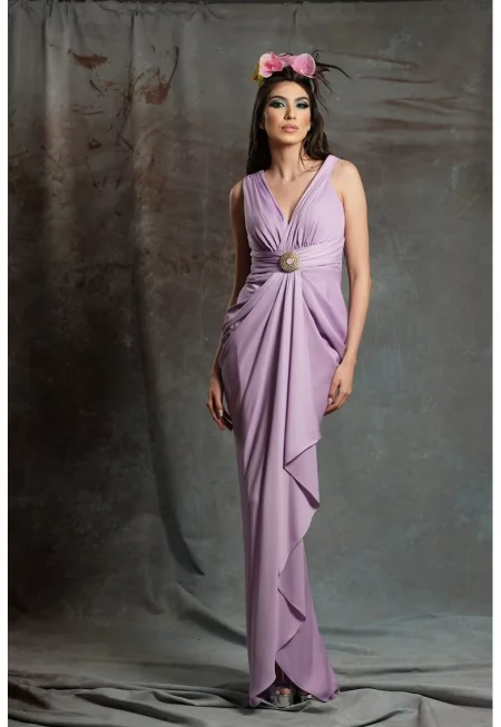 Дълга рокля Aragona с набирания - Виолетов