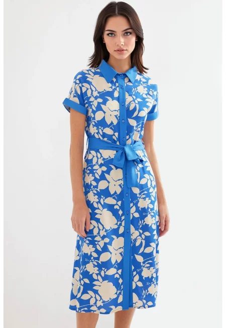 Дамска миди рокля HiCCUP - флорален принт - полиестер - син