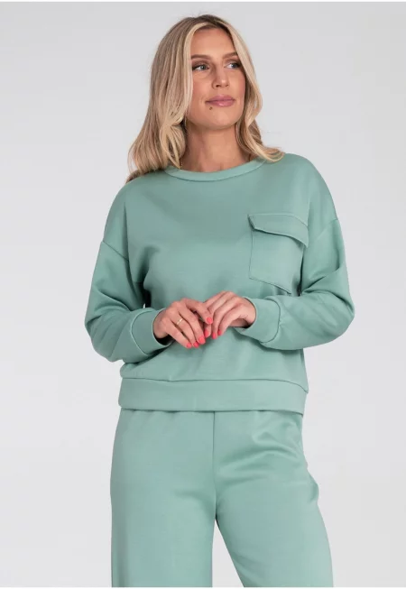Дамски суитшърт  плетен - декоративен джоб - свободна кройка - ментово зелено - SM