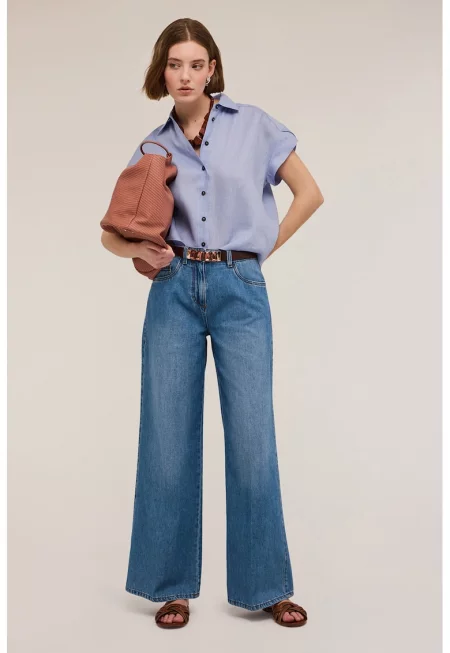 Дънки с широк крачол и висока талия - Прашно синьо