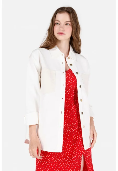 Дънково яке с джобове на гърдите - Слонова кост/Мръснобял