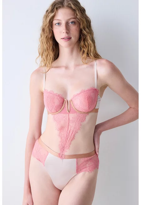 Дантелено боди тип танга с регулируеми презрамки - Розово