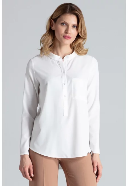 Елегантна дамска блуза -  Полиестер/Еластан - С яка - Екрю