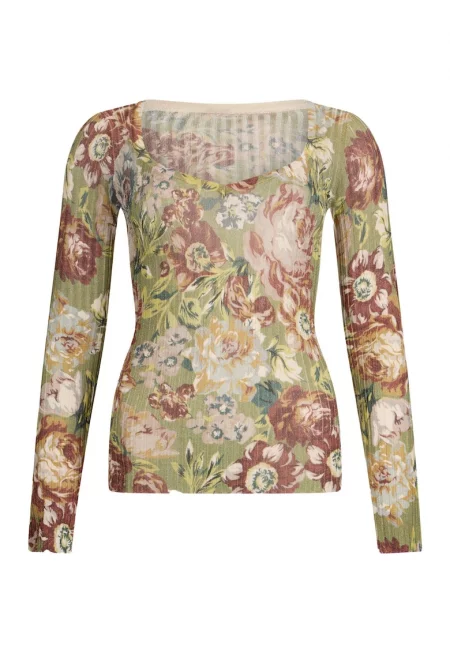 Флорална блуза по тялото - Червен/Зелен/Крем