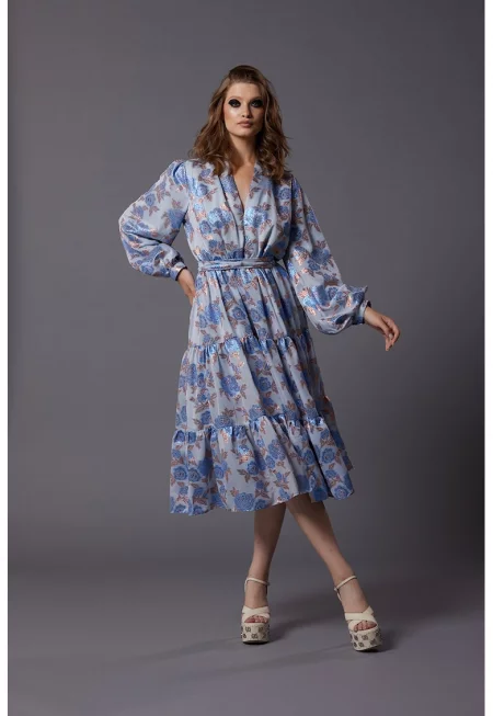 Флорална рокля Pray с коприна и разкроени ръкави - Небесносин/Лавандула